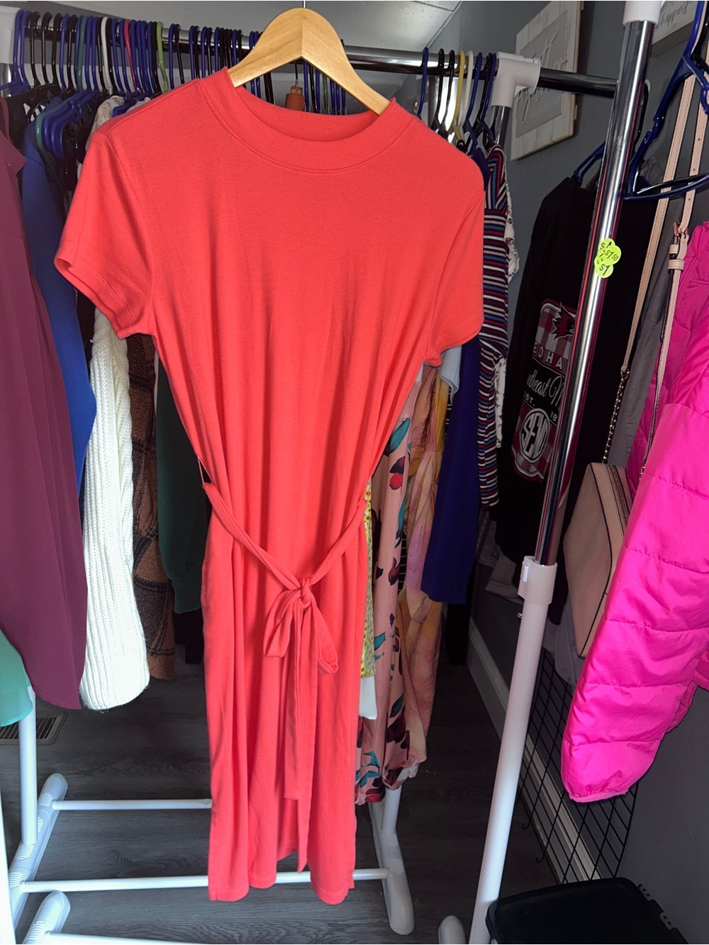 Time and Tru Coral Tie-Waist Midi Dress